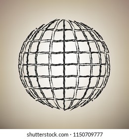 Earth Globe sign. Vector. Brush drawed black icon at light brown background.