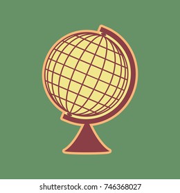 Earth Globe sign. Vector. Cordovan icon and mellow apricot halo with light khaki filled space at russian green background.
