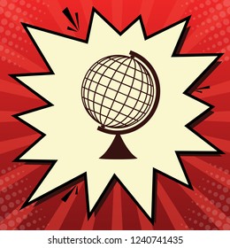 Earth Globe sign. Vector. Dark red icon in lemon chiffon shutter bubble at red popart background with rays.