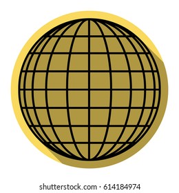 Earth Globe sign. Vector. Flat black icon with flat shadow on royal yellow circle with white background. Isolated.