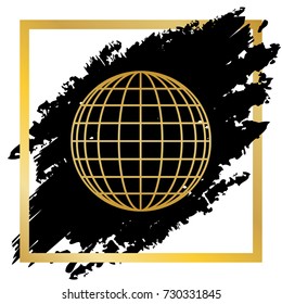 Earth Globe sign. Vector. Golden icon at black spot inside golden frame on white background.