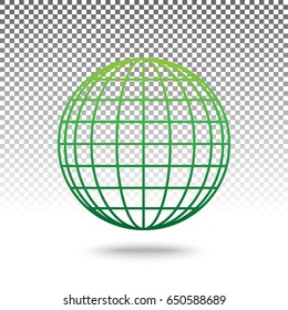 Earth Globe sign. Vector. Green gradient icon with shadow at bottom on transparent and white background.