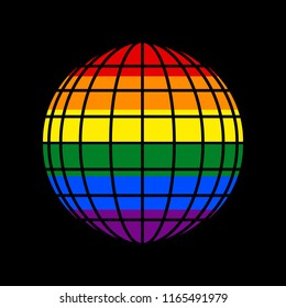 Earth Globe sign. Vector. Icon with colors of LGBT flag at black background.