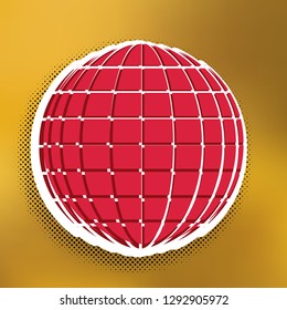Earth Globe sign. Vector. Magenta icon with darker shadow, white sticker and black popart shadow on golden background.