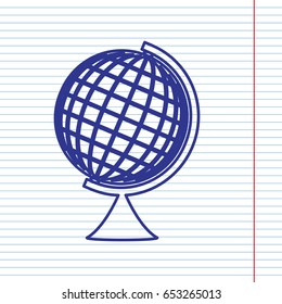 Earth Globe sign. Vector. Navy line icon on notebook paper as background with red line for field.