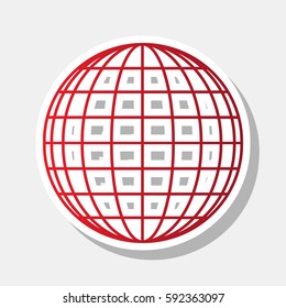 Earth Globe sign. Vector. New year reddish icon with outside stroke and gray shadow on light gray background.