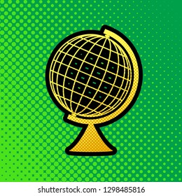 Earth Globe sign. Vector. Pop art orange to yellow dots-gradient icon with black contour at greenish background.
