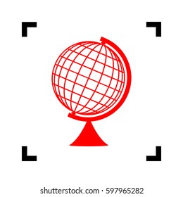 Earth Globe sign. Vector. Red icon inside black focus corners on white background. Isolated.