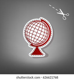 Earth Globe sign. Vector. Red icon with for applique from paper with shadow on gray background with scissors.