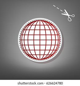 Earth Globe sign. Vector. Red icon with for applique from paper with shadow on gray background with scissors.