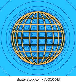 Earth Globe sign. Vector. Sand color icon with black contour and equidistant blue contours like field at sky blue background. Like waves on map - island in ocean or sea.