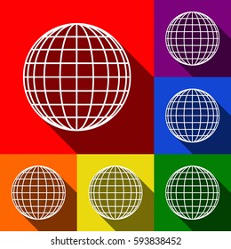 Earth Globe sign. Vector. Set of icons with flat shadows at red, orange, yellow, green, blue and violet background.
