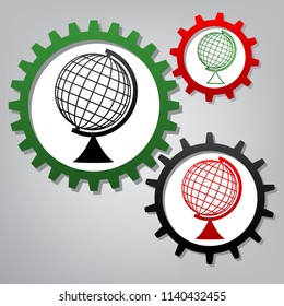 Earth Globe sign. Vector. Three connected gears with icons at grayish background.