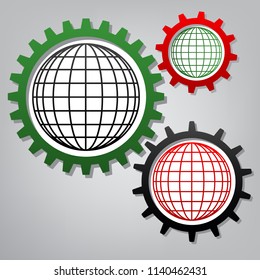 Earth Globe sign. Vector. Three connected gears with icons at grayish background.