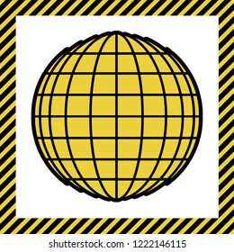 Earth Globe sign. Vector. Warm yellow icon with black contour in frame named as under construction at white background. Isolated.
