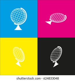Earth Globe sign. Vector. White icon with isometric projections on cyan, magenta, yellow and black backgrounds.