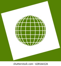 Earth Globe sign. Vector. White icon obtained as a result of subtraction rotated square and path. Avocado background.