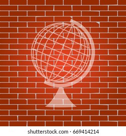Earth Globe sign. Vector. Whitish icon on brick wall as background.