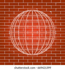Earth Globe sign. Vector. Whitish icon on brick wall as background.
