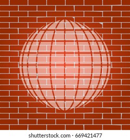 Earth Globe sign. Vector. Whitish icon on brick wall as background.