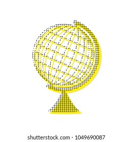 Earth Globe sign. Vector. Yellow icon with square pattern duplicate at white background. Isolated.