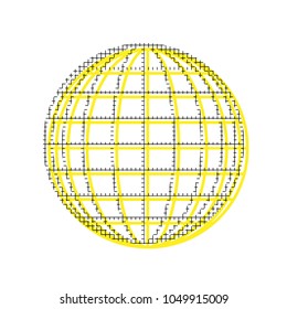 Earth Globe sign. Vector. Yellow icon with square pattern duplicate at white background. Isolated.
