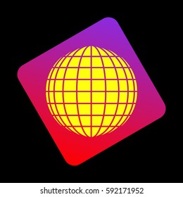 Earth Globe sign. Vector. Yellow icon at violet-red gradient square with rounded corners rotated for dynamics on black background.