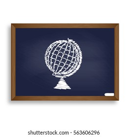 Earth Globe sign. White chalk icon on blue school board with shadow as background. Isolated.