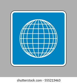 Earth Globe sign. White icon on blue sign as background.
