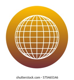 Earth Globe sign. White icon in circle with golden gradient as background. Isolated.