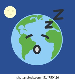Earth globe sleeping. Isolated on blue background. Flat planet icon. Vector illustration.