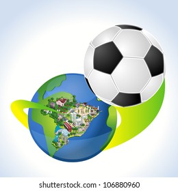 Earth globe with a soccer ball coming out of Brazil. Brazilian football world cup.