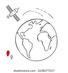 Earth globe, space satellite and location icons vector set line art black ink sketch. Navigation system for communication monochrome flat for internet, telecom, blogging concept, digital projects.