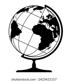 Earth globe spherical model - world map with continents on planet Earth, black and white vector illustration on white background