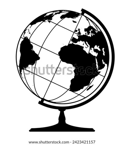 Earth globe spherical model - world map with continents on planet Earth, black and white vector illustration on white background