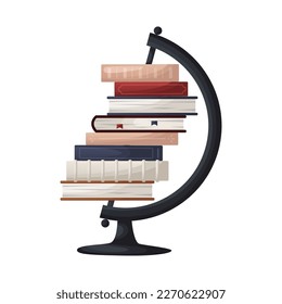 Earth globe with stack of books. Decoration books pile. Education book heap. World book day.  Bookstore, bookshop, library, bibliophile, education. Vector illustration for poster, banner, website
