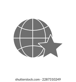globo terrestre con estrella, icono de relleno gris de retroalimentación. Tecnología global, internet, diseño de símbolos de redes sociales.