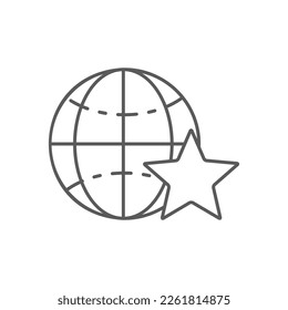 Earth globe with star, feedback lineal icon. Global technology, internet, social network symbol design.