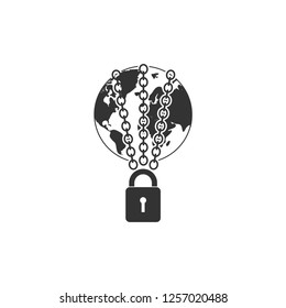 Earth globe in strong chain. Icon Flat