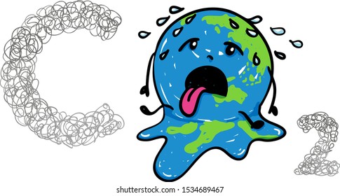 Earth globe suffering under global warming melting away in midst of carbon dioxide. Suitable for environmentalism, climate change, ecology