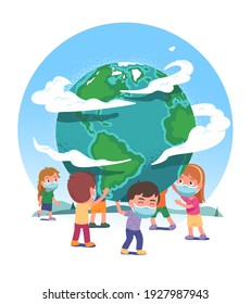 Earth globe supported by boys, girls children in protective masks stop COVID pandemic spread. Kids persons protect world from coronavirus. Global corona virus danger concept flat vector illustration