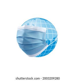 Earth globe with surgical mask floating on white background. vector illustration