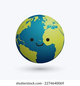 Earth Globe with Sweet and Cute Smiling Face - Creative Concept Planet for Earth Day, Save the World Campaigns - Illustration Vector with Green and Light Blue Colors