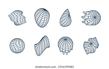 Earth globe that melts, set of melting globes. 3d distorted World globe made by grid in various position. Graphic elements in retro style. Vector.