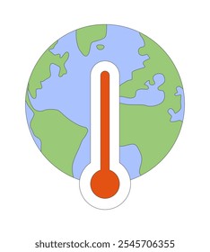 Earth globe with thermometer 2D cartoon object. Global warming crisis. Greenhouse effect impact on planet environment isolated element flat vector clipart on white background. Spot illustration