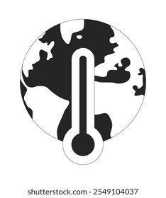 Erdkugel mit Thermometer schwarz-weiß 2D-Linie Objekt. Krise der globalen Erwärmung. Treibhauseffekt auf die Umwelt des Planeten isolierte ClipArt, Vektorgrafik-Umriss. monochromatische Punktdarstellung