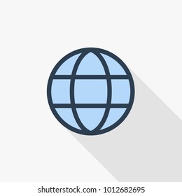 earth, globe thin line flat icon. Linear vector illustration. Pictogram isolated on white background. Colorful long shadow design.