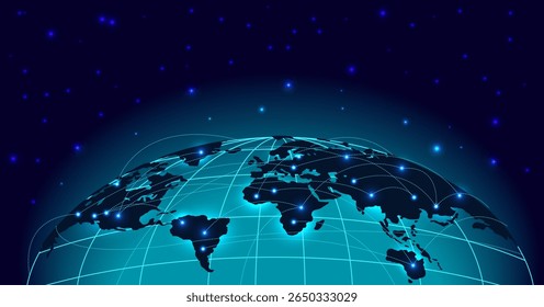 Globo terrestre com segmentos de rede global. Conexão internacional. Esfera luminosa do planeta. Grade de espaço. Tecnologia de comunicação. Internet mundial. Mapa de continentes