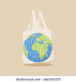 Planeta terrestre en bolsa de plástico transparente. Concepto de problema de contaminación del plástico. Ilustración vectorial.