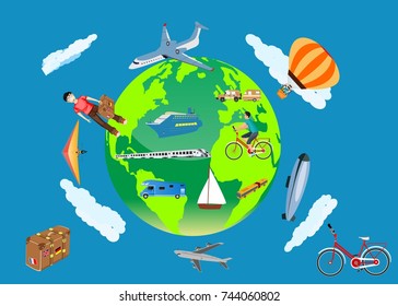 Earth globe and travel objects around, vector concept travel illustration